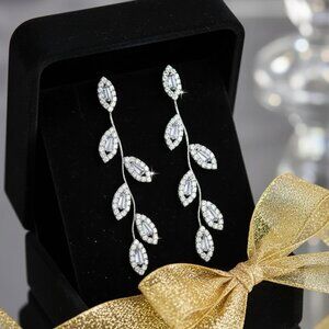 Leaf Drop Earrings Silver Plated S925 CZ Minimalist Statement Sparkling Dangles